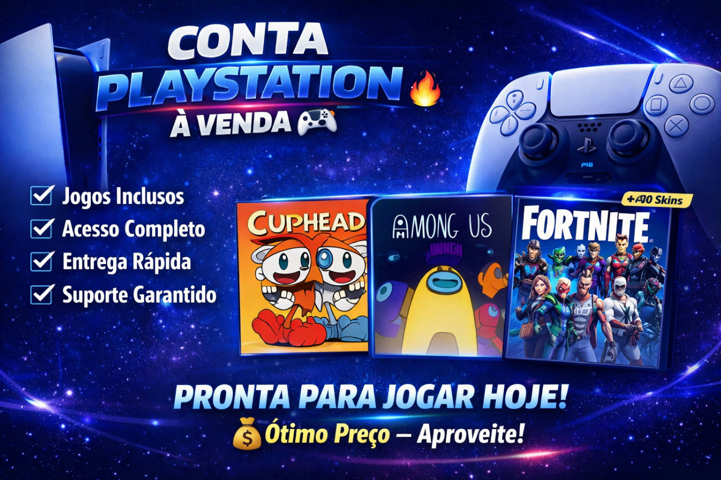 CONTA PLAYSTATION ANTIGA COM CUPHEAD AMONG US E REMATH COM 40 SKINS NO FORTINIT