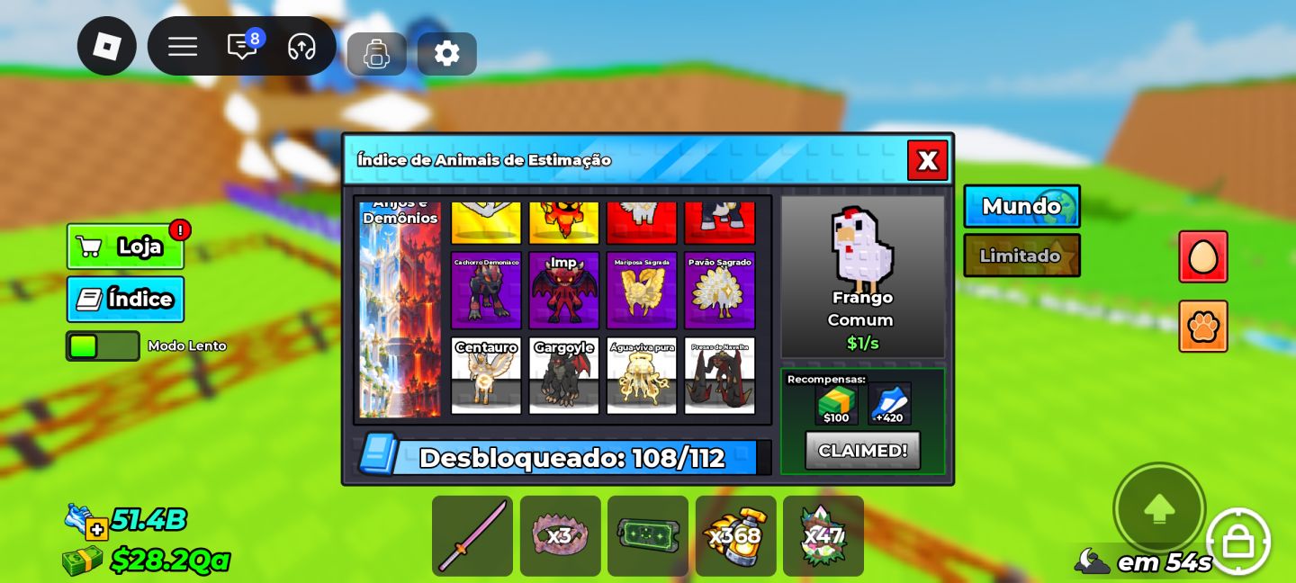 ÍNDICE 96% | PETS E OVOS 1B+ | CERCADO E ESTEIRA MAX | 4 SKINS ROBLOX