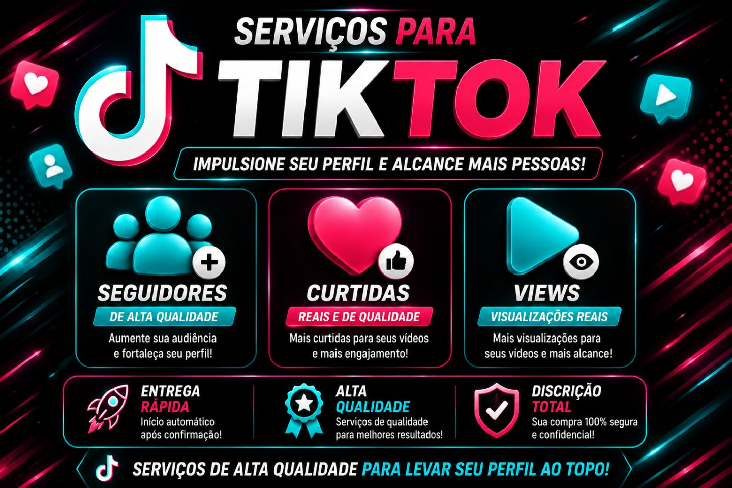Tiktok Seguidores, Curtidas e Views | Alta qualidade | Entrega Rápida