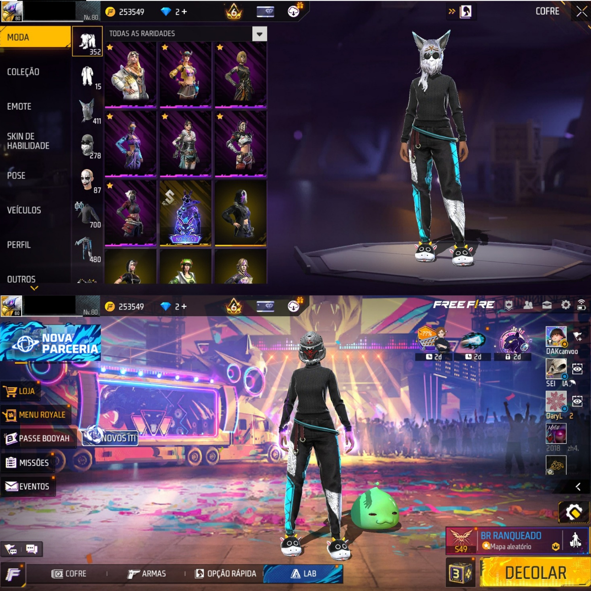 CONTA FREE FIRE LVL 80 COM DIVERSOS ITENS E PASSES ANTIGOS