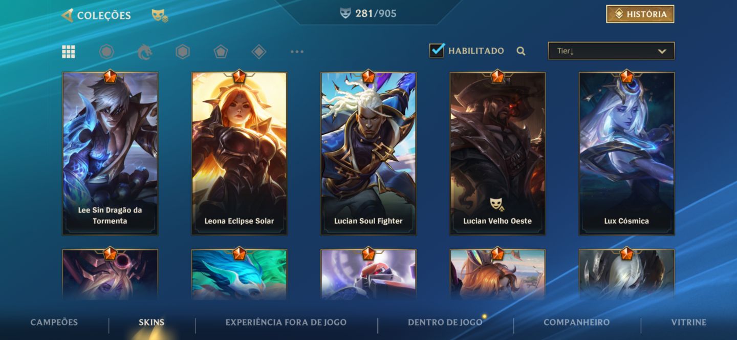 CONTA WILD RIFT COM 281 Skins, Challenger uma vez e tem 344 moedas laranjas