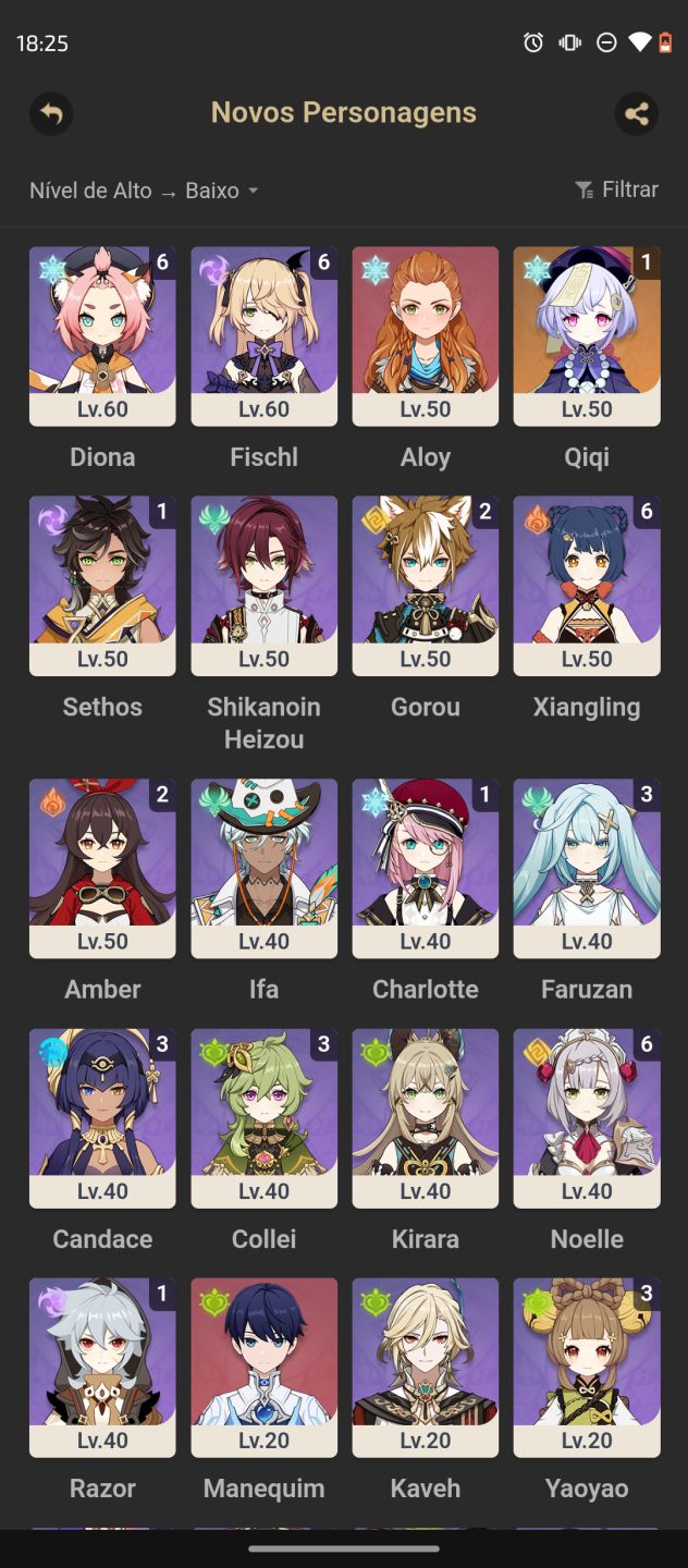 Conta de genshin impact com vários personagens 5 estrelas