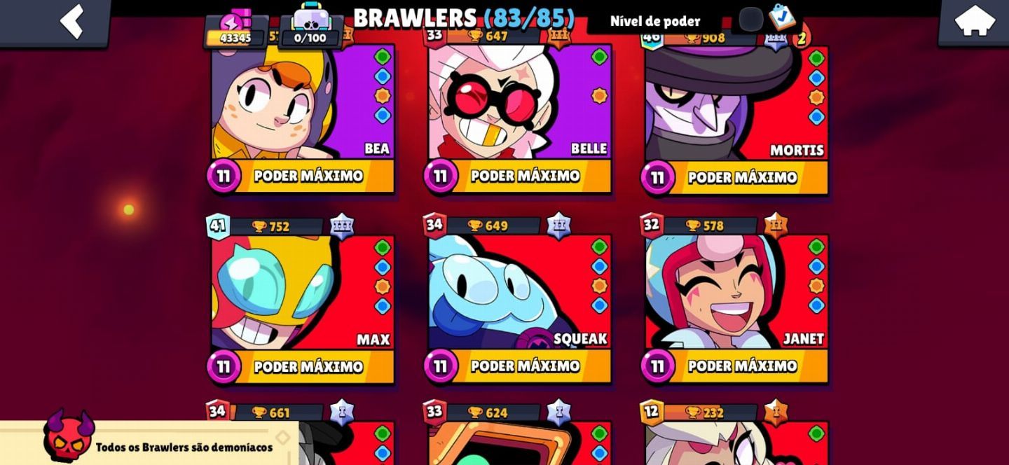 CONTA BRAWL STARS 83/85 BRAWLERS, 43K TROFÉUS, ANTIGA (2018), MUITA SKIN.