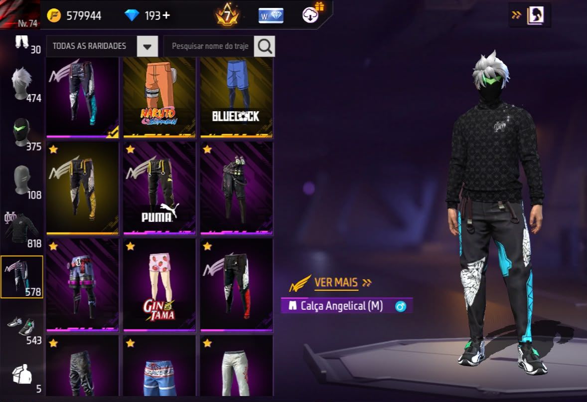 Conta Free Fire Gemada com 8 Angelicais 8 Evolutivas 5 Punhos 800+ Peitorais