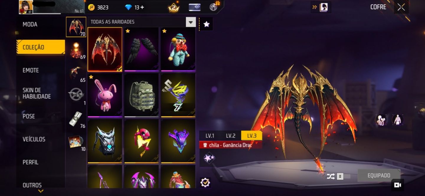 Conta Free fire level 61, Com Skin evolutiva e punho!