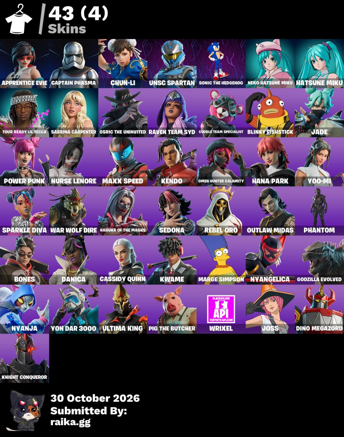 Conta Fortnite com 43 Skins | Chun-Li, Sonic, Hatsune Miku, Sabrina Carpenter