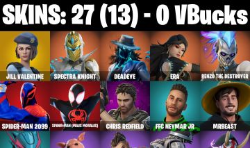 CONTA FORTNITE COM 27 SKINS JILL VALENTINE/CHRIS REDFIELD/FFC NEYMAR JR/MRBEAST