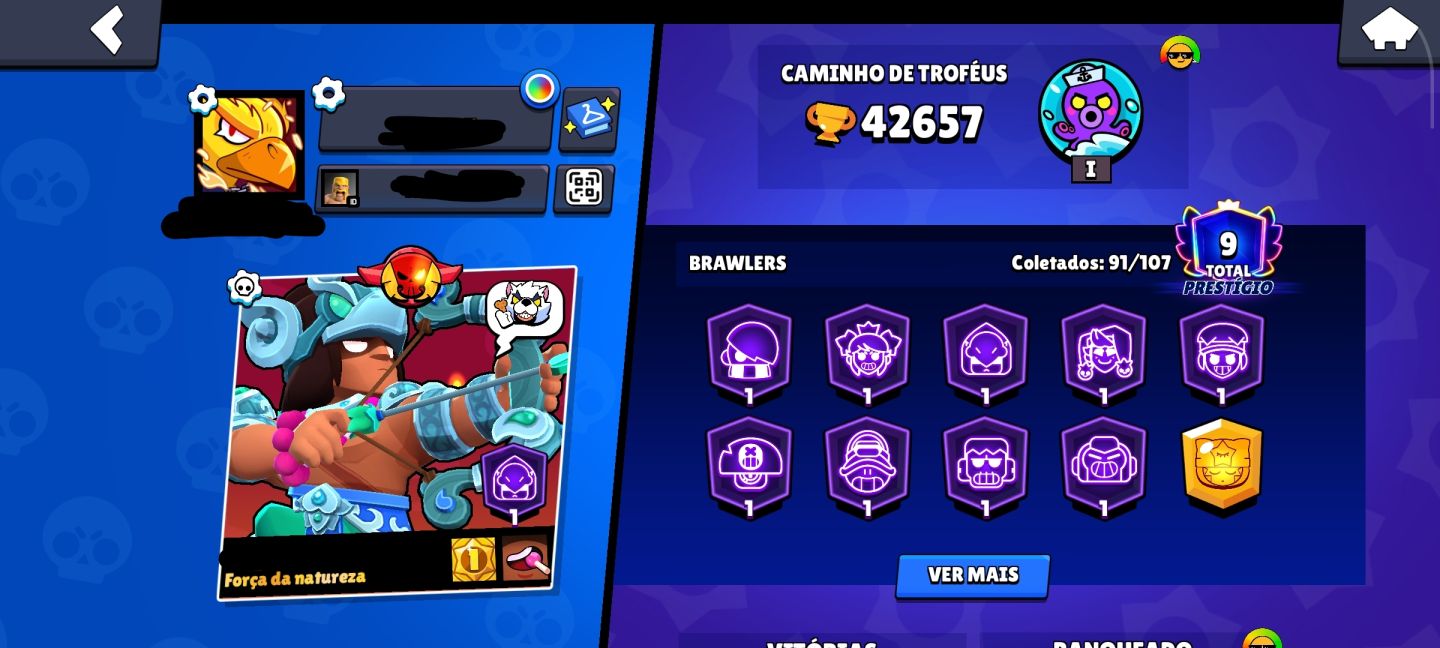 Conta de brawl stars com muitas skins raras e quase 50 mil troféus
