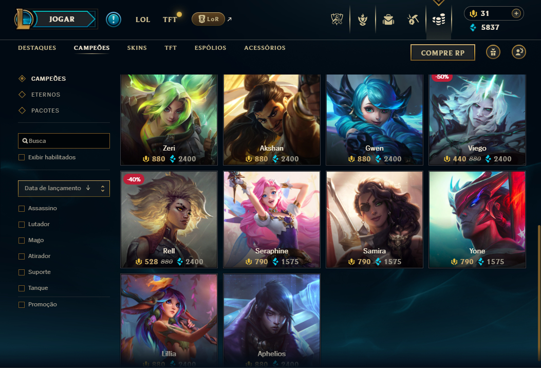 Conta LOL sem jogar rank desde 2020. Várias skins e campeões habilitados