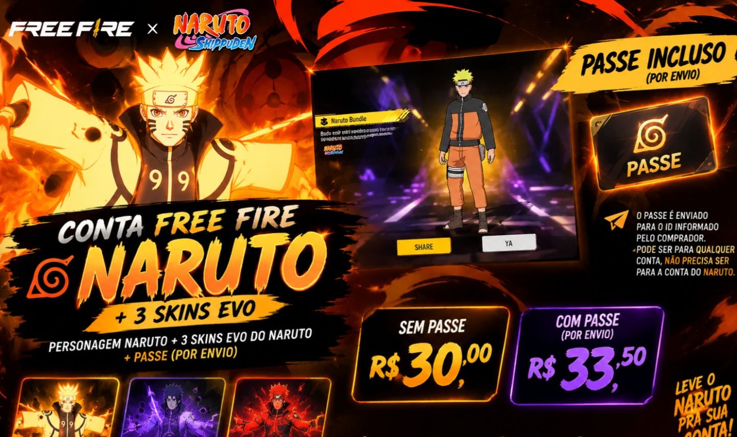 CONTA FREE FIRE COM NARUTO | COLLAB NARUTO X FF | OPORTUNIDADE