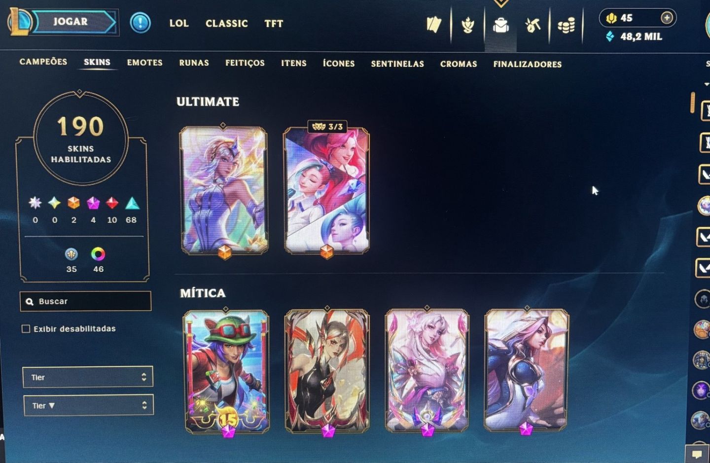LOL 190 SKINS | 2 ULTIMATE + 4 MÍTICAS | D4 | CONTA 14 ANOS | ÚNICO DONO