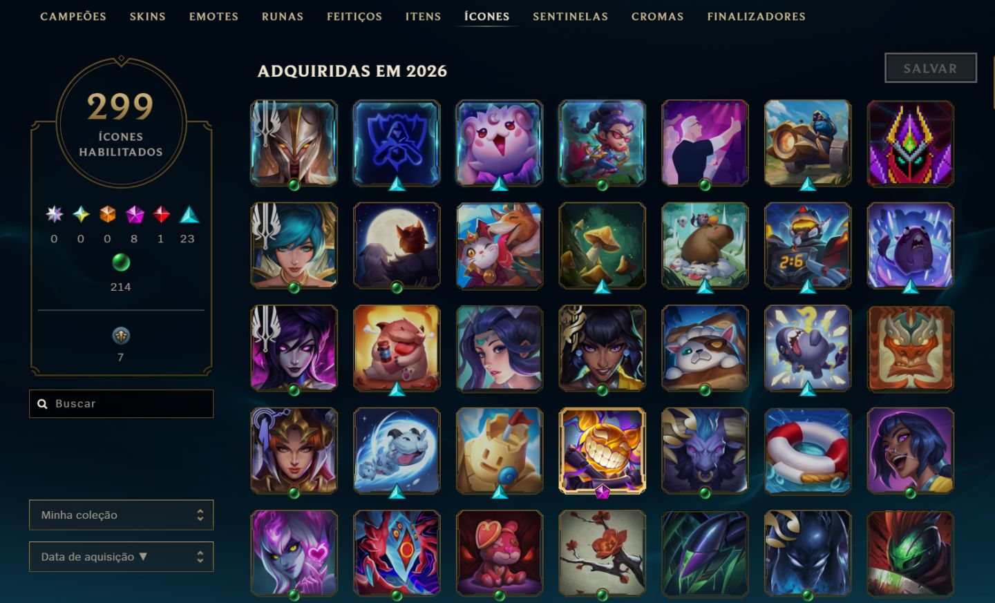 Conta lv 598 com 319 SKINS | 3 ULTIMATE | 7 MITICAS | 282 mil essências azuis