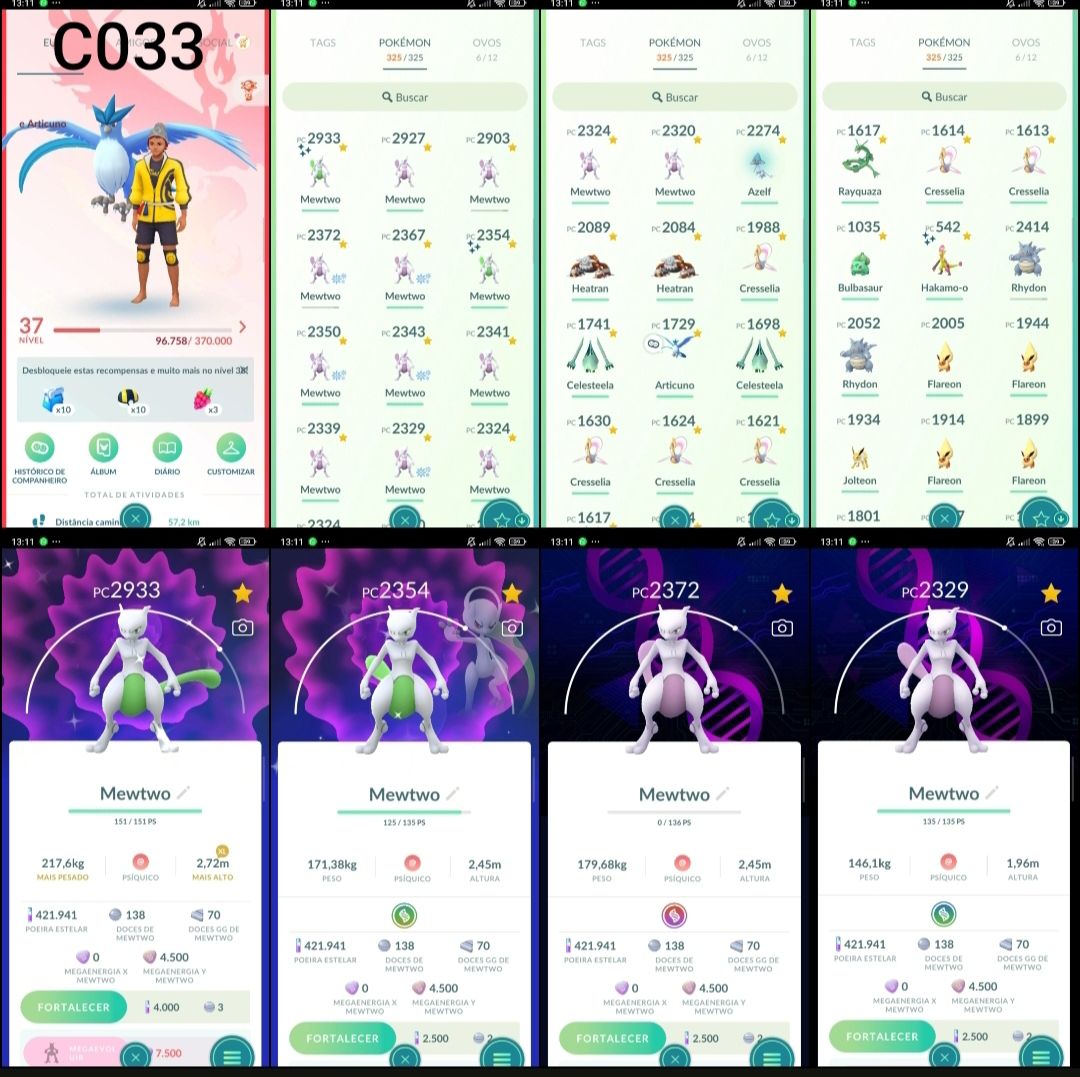 Pokémon GO Lv.37 | 12+ Mewtwo | Mewtwo Shiny | 4 Shiny | Articuno | Azelf | C033