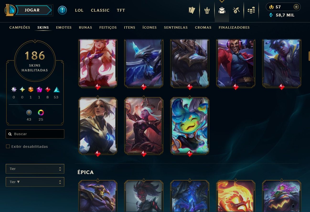 CONTA DE 2013 - 186 SKIN - LVL 242 - TODOS CAMPEÕES - 50K DE EA - 25 CROMAS