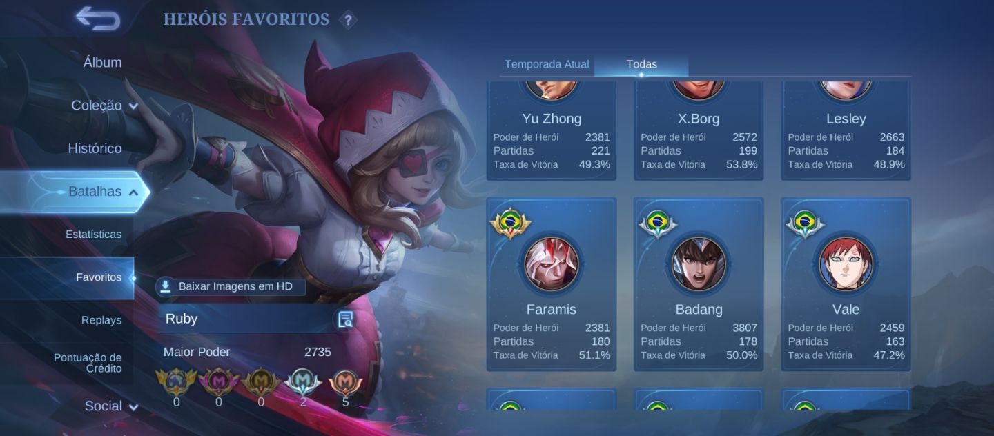 Conta mlbb 6Anos 222skins 111 star único dono wr medianos Full emblemas e herois