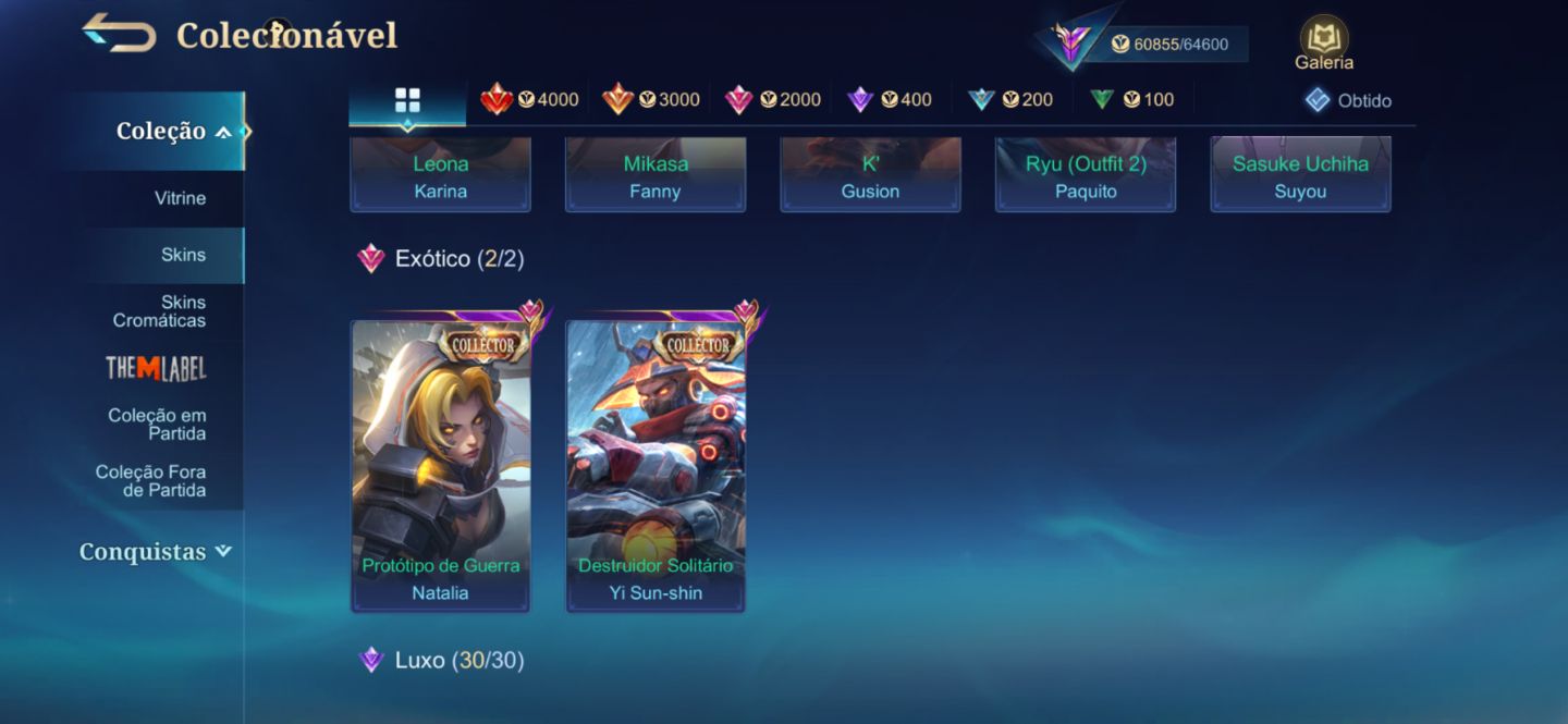 MITICA 51x110 ESTRELAS 214 SKINS COLEC III + SASUKE + 5 COLLABS RARAS