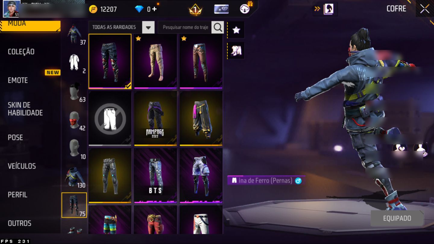 Conta Free Fire nível 51, várias skins de armas, paredes de gel e diversos itens