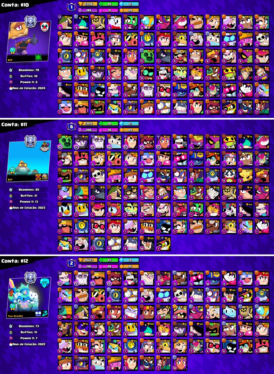 CONTAS BRAWL STARS c/LENDÁRIOS e MUITOS TROFÉUS!!