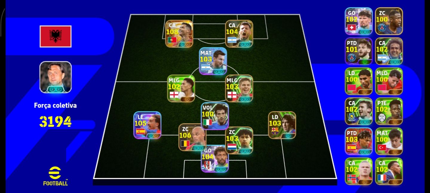 CONTA DE EFOOTBALL COM CR7 BIG TIME,KOMPANY 106,CUCURELLA 105,VOZINHA E AGUERO