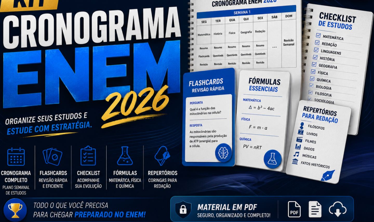 KIT CRONOGRAMA ENEM 2026 + Flashcards + Redação + Fórmulas PDF (97% DE DESCONTO)