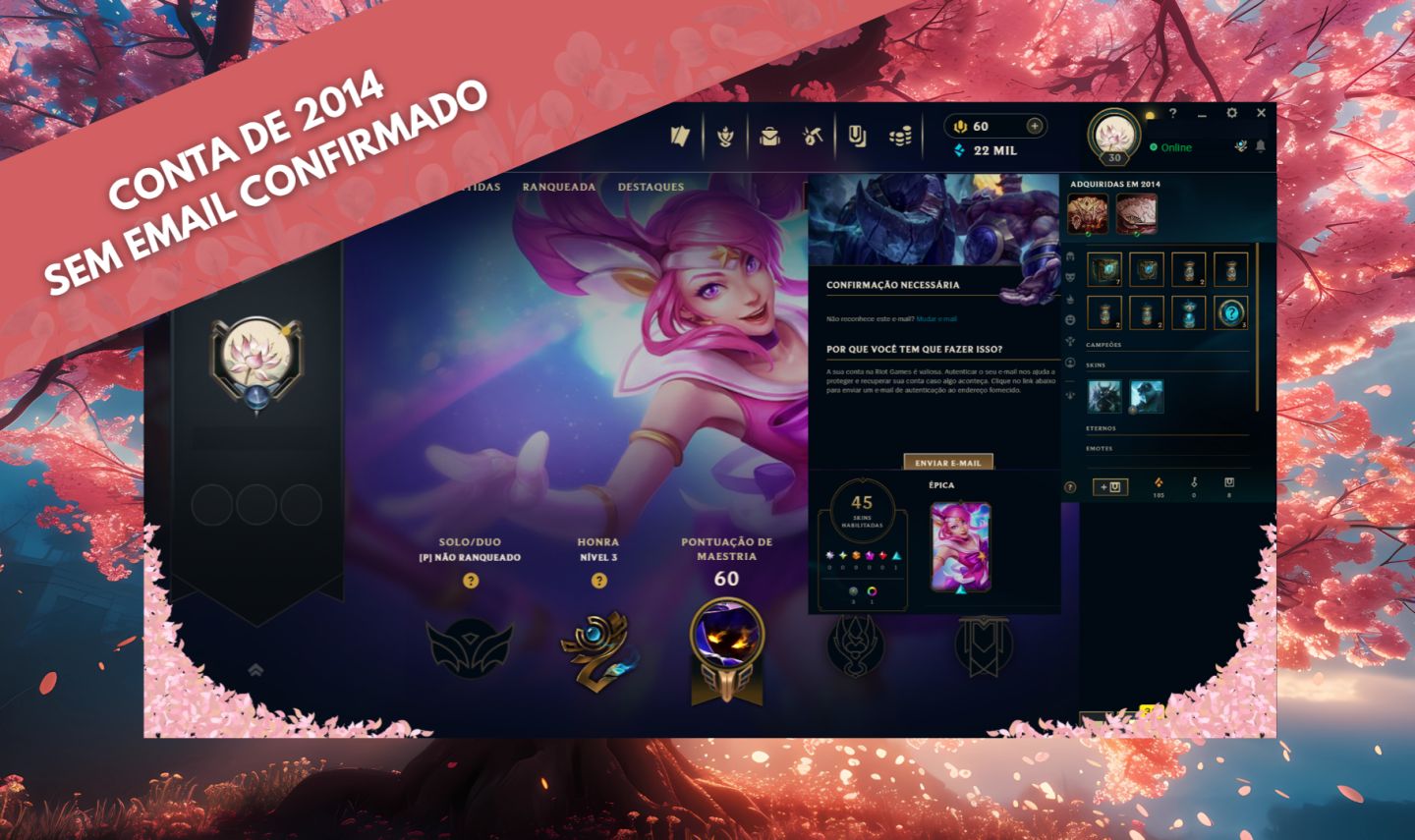 Conta lol de 2014 nivel 30 / baús / Sem email confirmado / league of legends