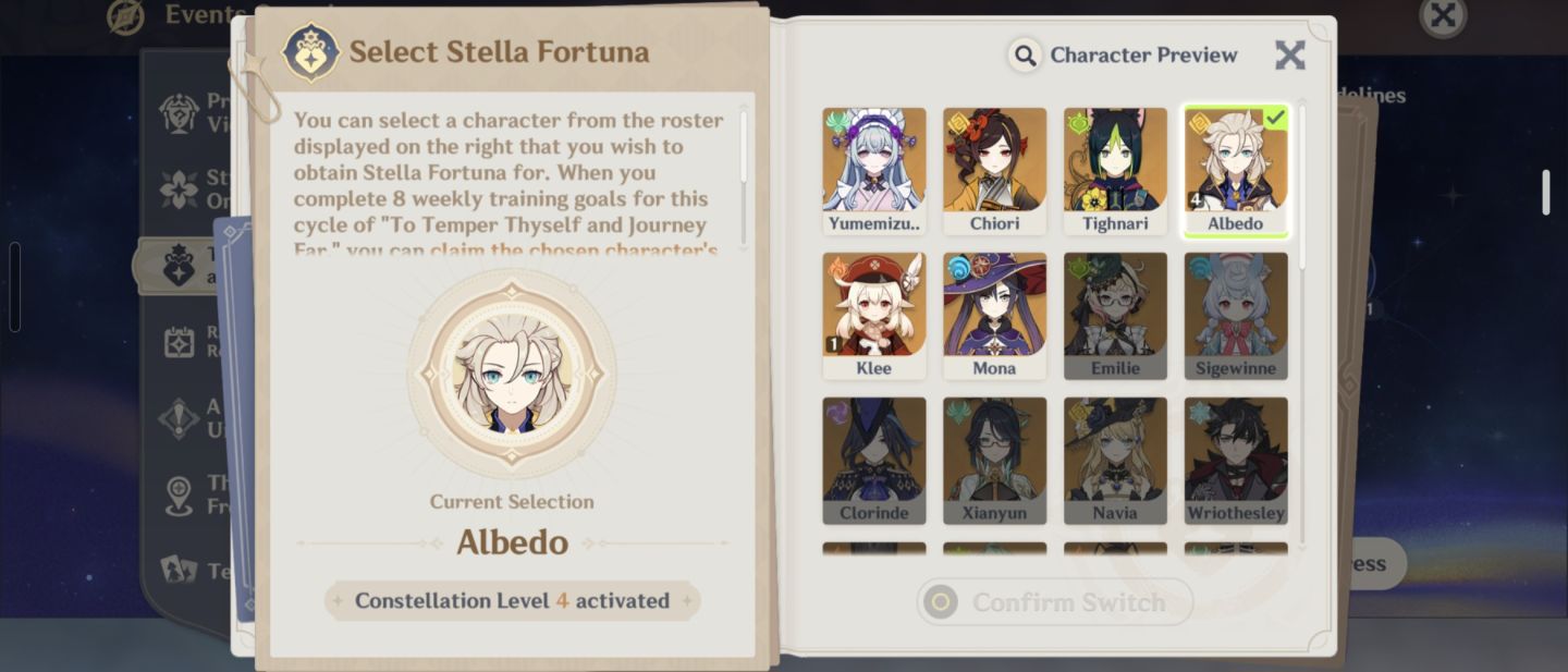 Conta com albedo c4, klee c1 e chiori(todos podem ter 1 constelacao a mais)
