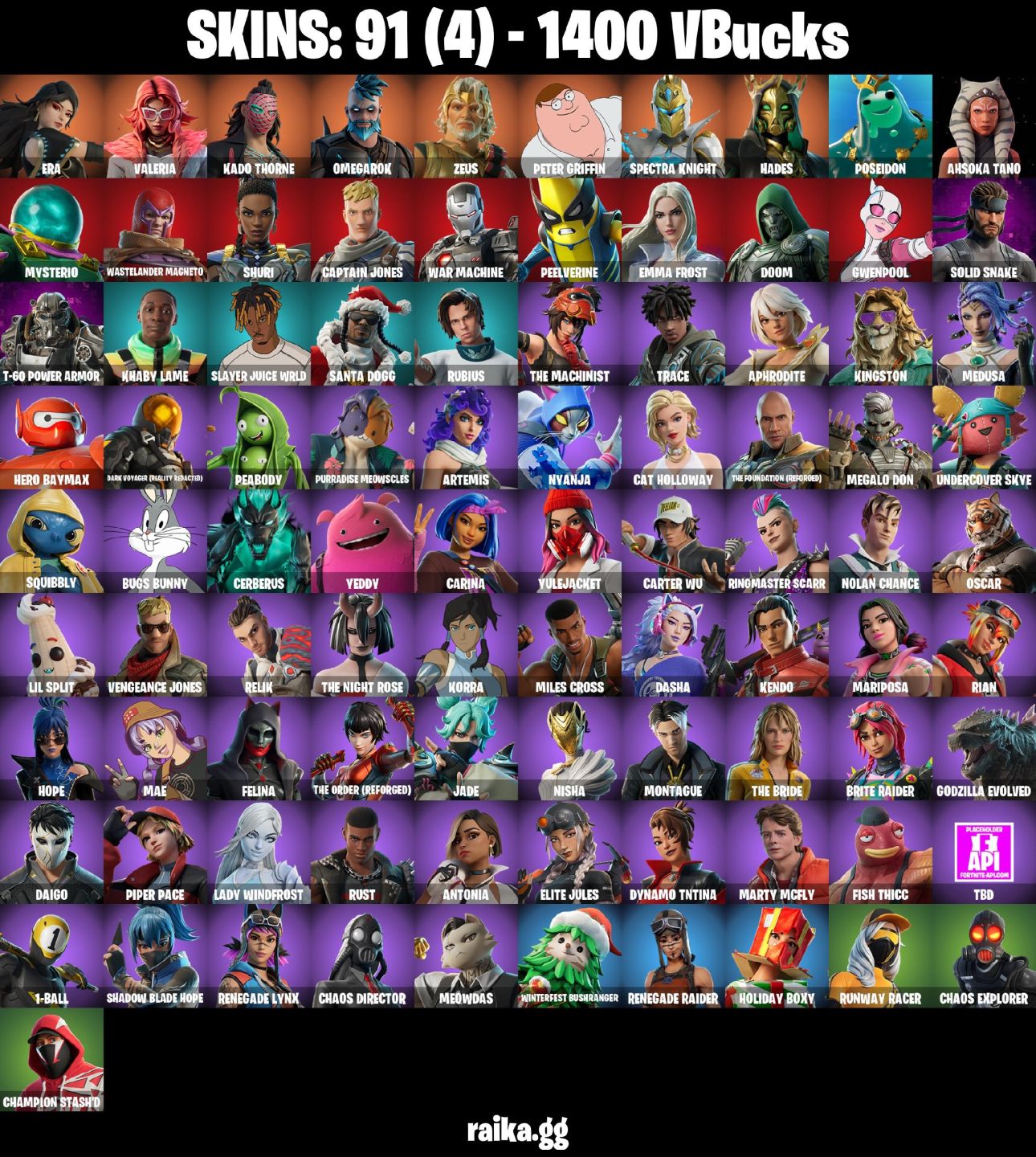 91 Skins - war machine, emma frost, doom, gwenpool, 1400 vbucks