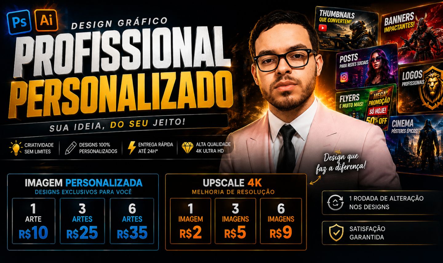 DESIGN GRÁFICO PROFISSIONAL | ARTES, THUMBNAILS, BANNERS, LOGOS, POSTS, 4K ETC..