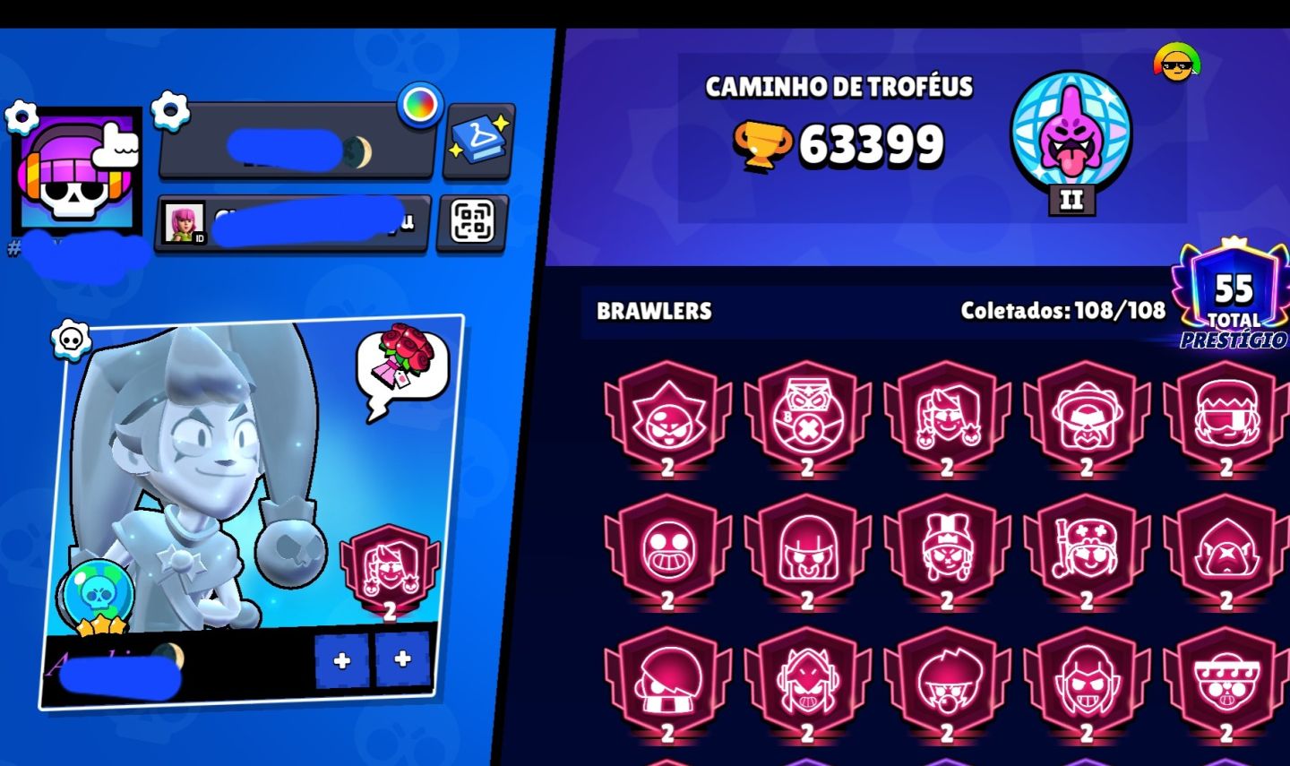 Conta Brawl Stars | 63K+ Troféus | 108/108 Brawlers | 55 prestigios