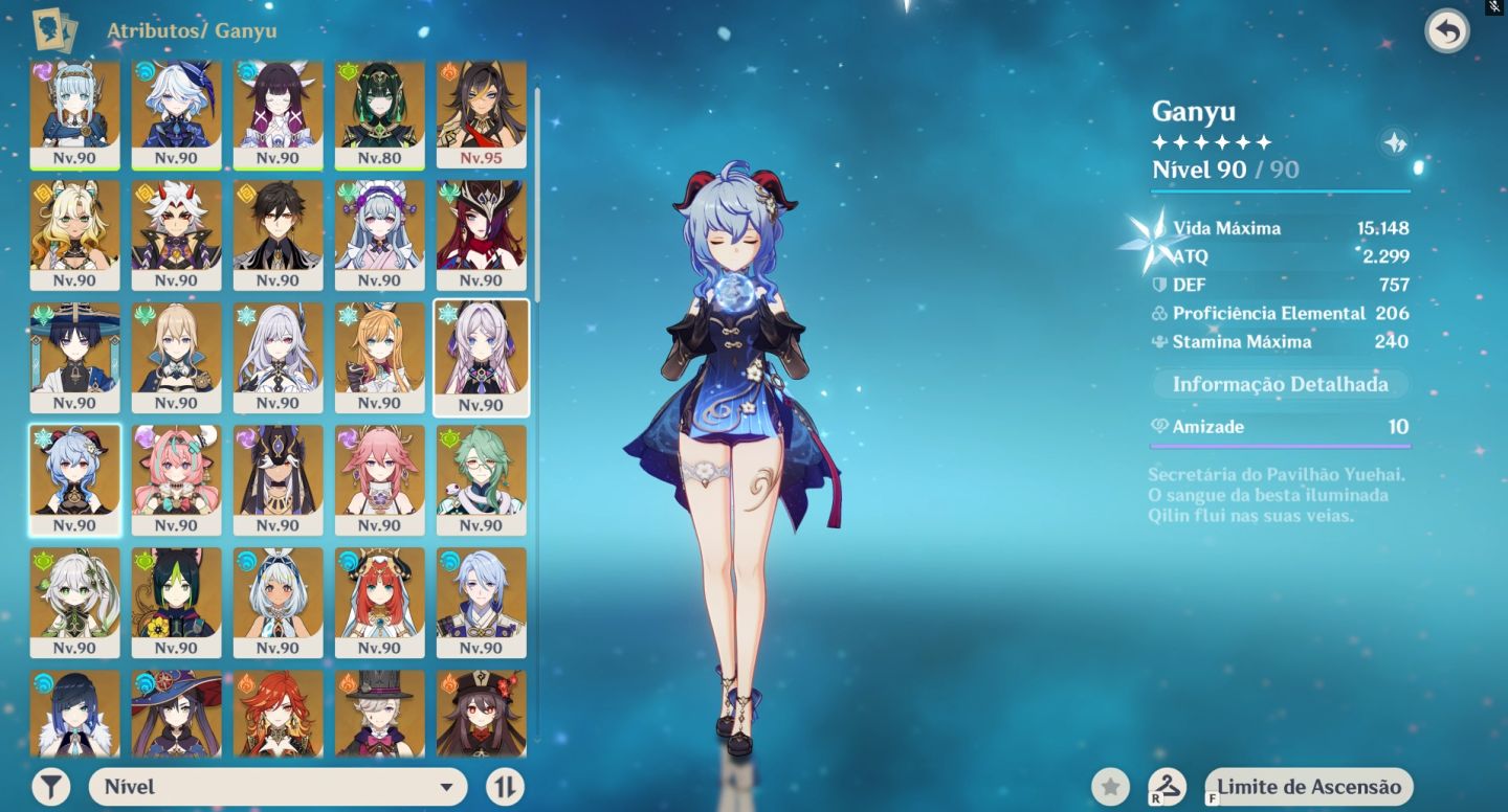 Dehya C6 lv95, Yae Miku C5, Diluc C5, Ganyu C3 37 Resinas Frágil. Ganyu com skin
