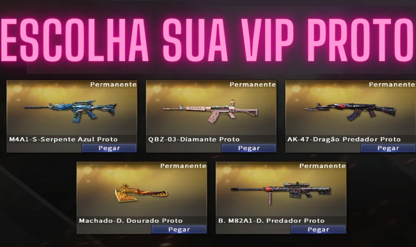 CONTA VIP CROSSFIRE ESCOLHA SUA VIP PROTO DENTRE AS 6 DISPONIVEIS NA IMAGEM