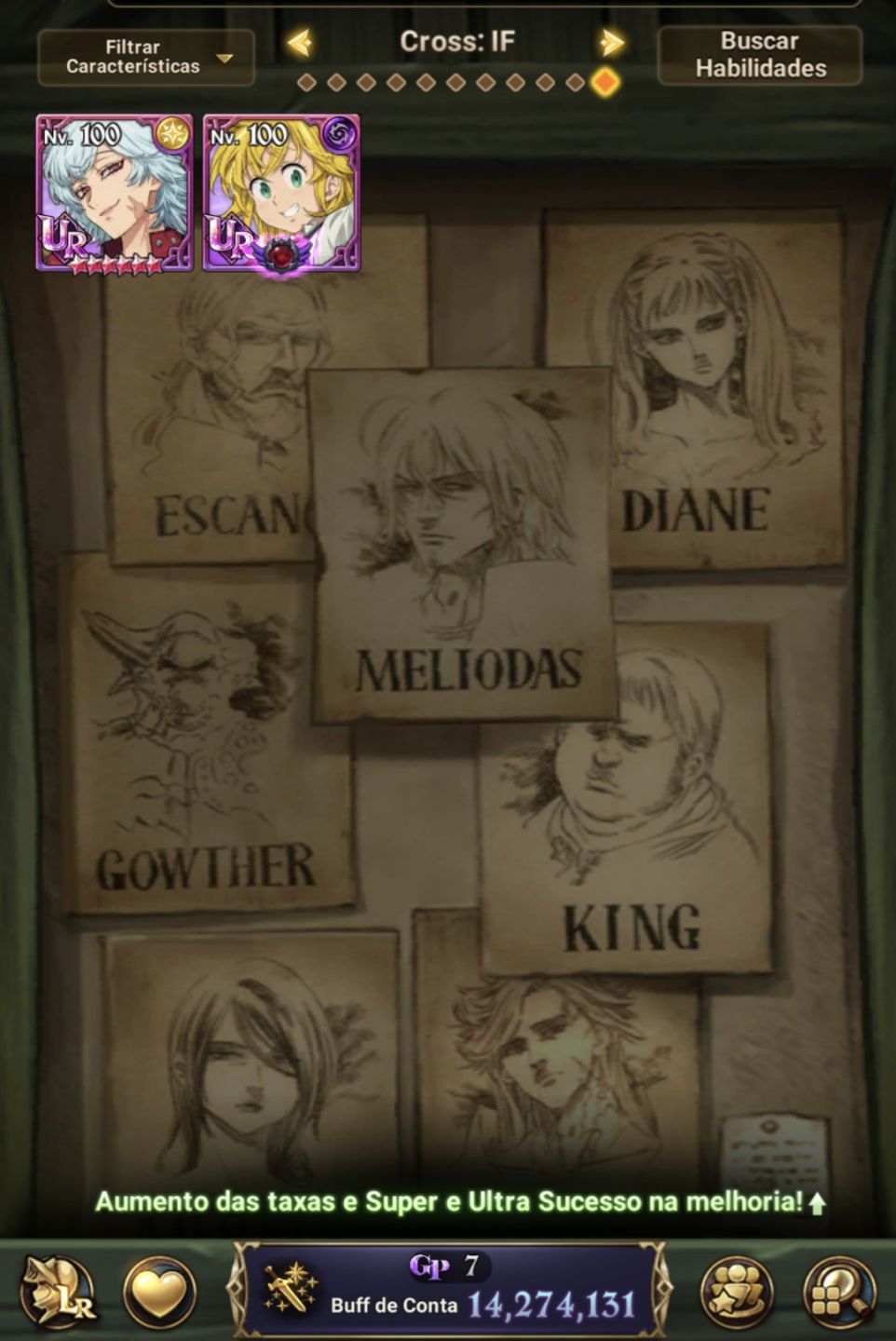 Conta 7DS Grand Cross, 14 Milhoes de CCBox, maioria das colabs, personagens, LRs