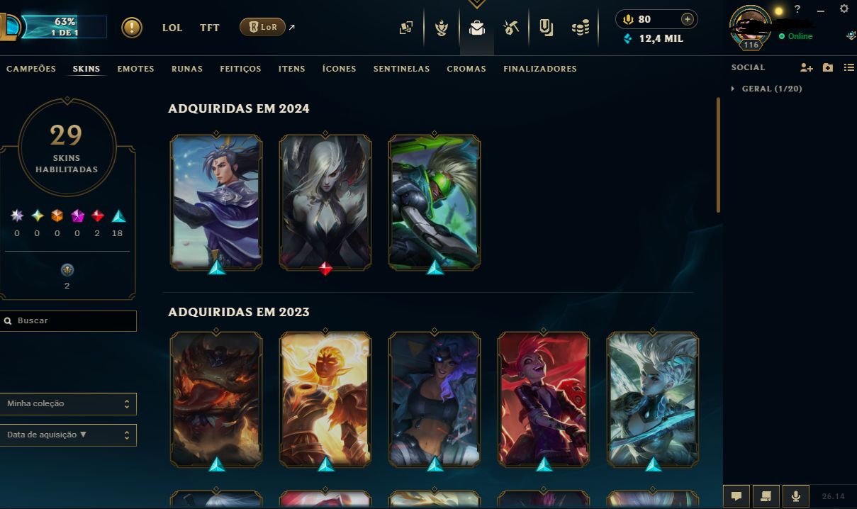Conta League of legends lvl 116 com 29 skins criada em 2021