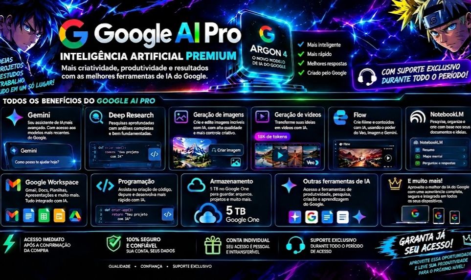 GOOGLE AI PRO: GEMINI + ARGON 4 + VEO VÍDEOS + FLOW + 5TB [CONTA INDIVIDUAL]