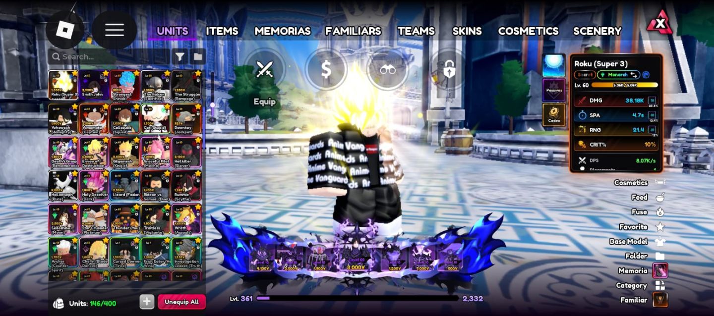 Conta Anime Vanguards Endgame + Skins Roblox