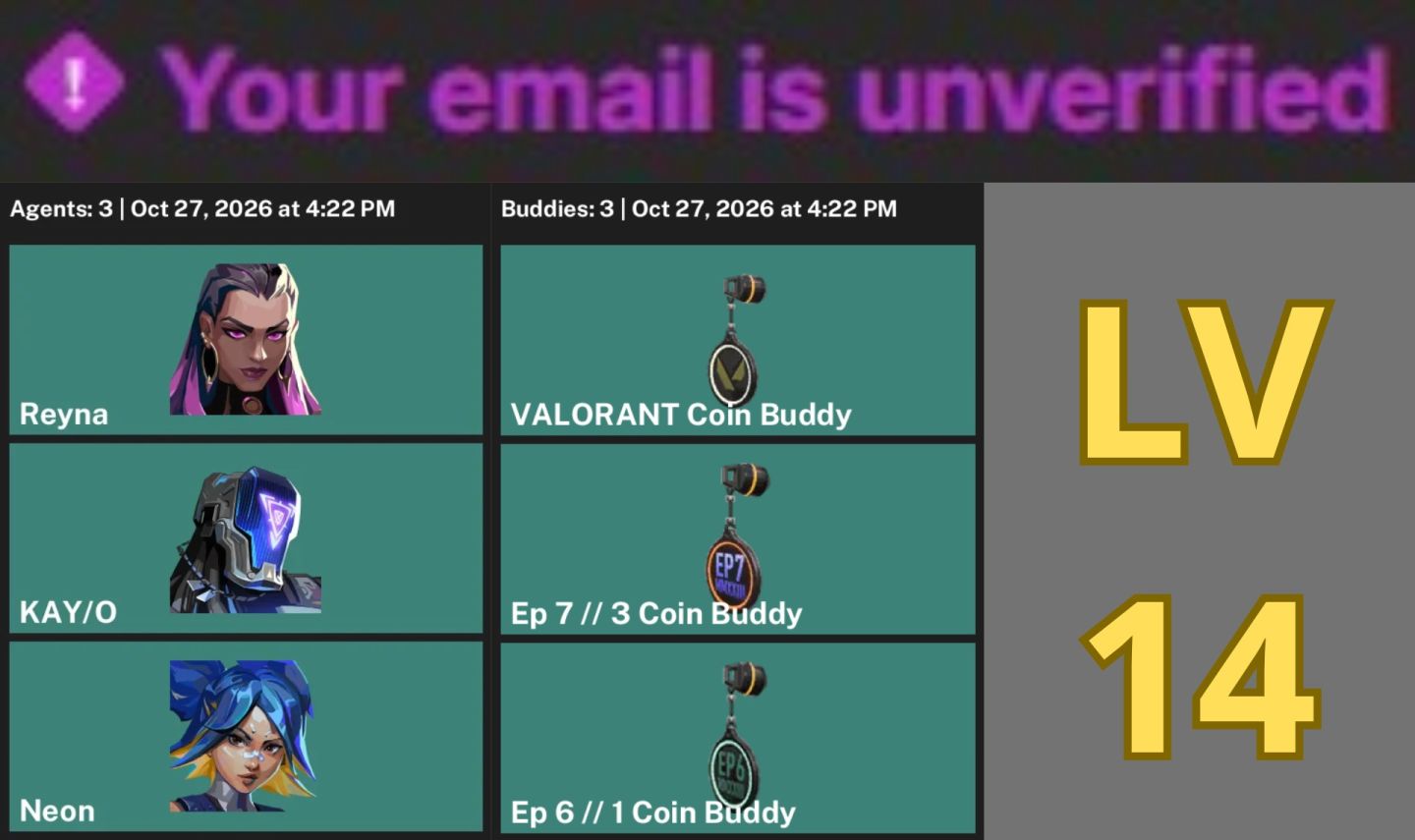 Conta Valorant Smurf | Nível 14 | Email Não Verificado | 3 Agentes