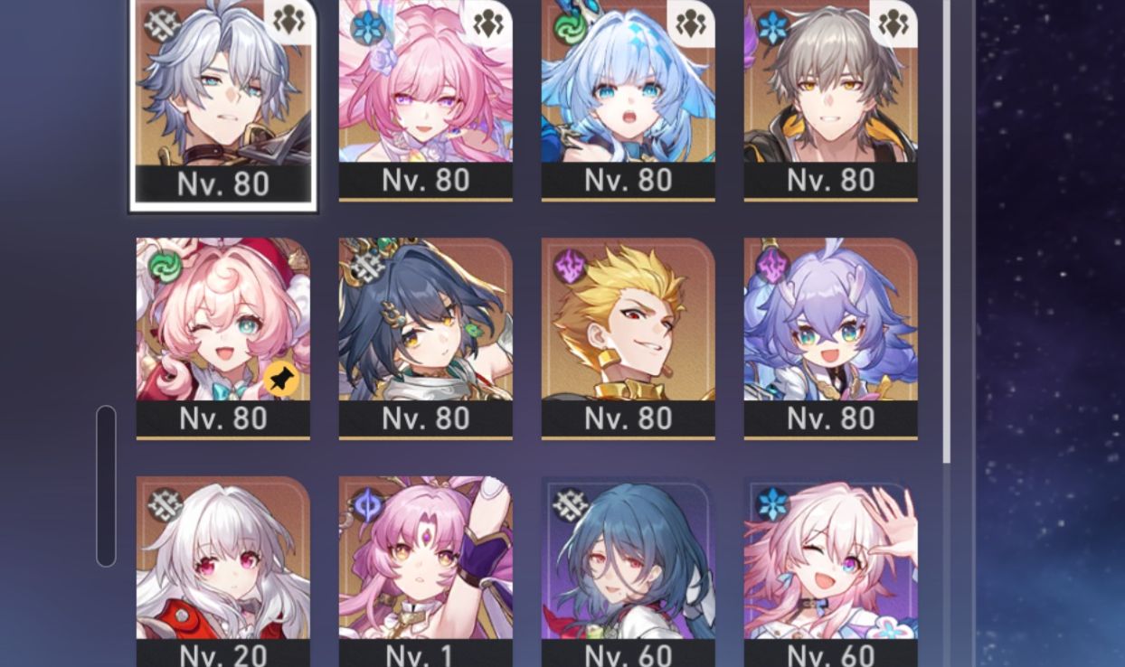 Conta nível 67 com Phainon E2 + Bis, Cyrene E2 + Bis, Cerydra, Hyacine e outros.