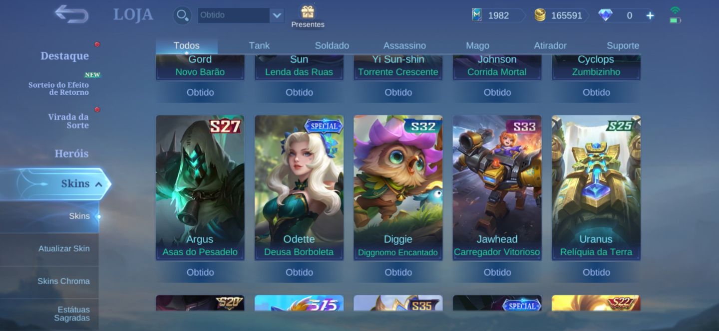 Conta - Mobile Legends (2017) - Skins de passe antigas (S1 - S2)