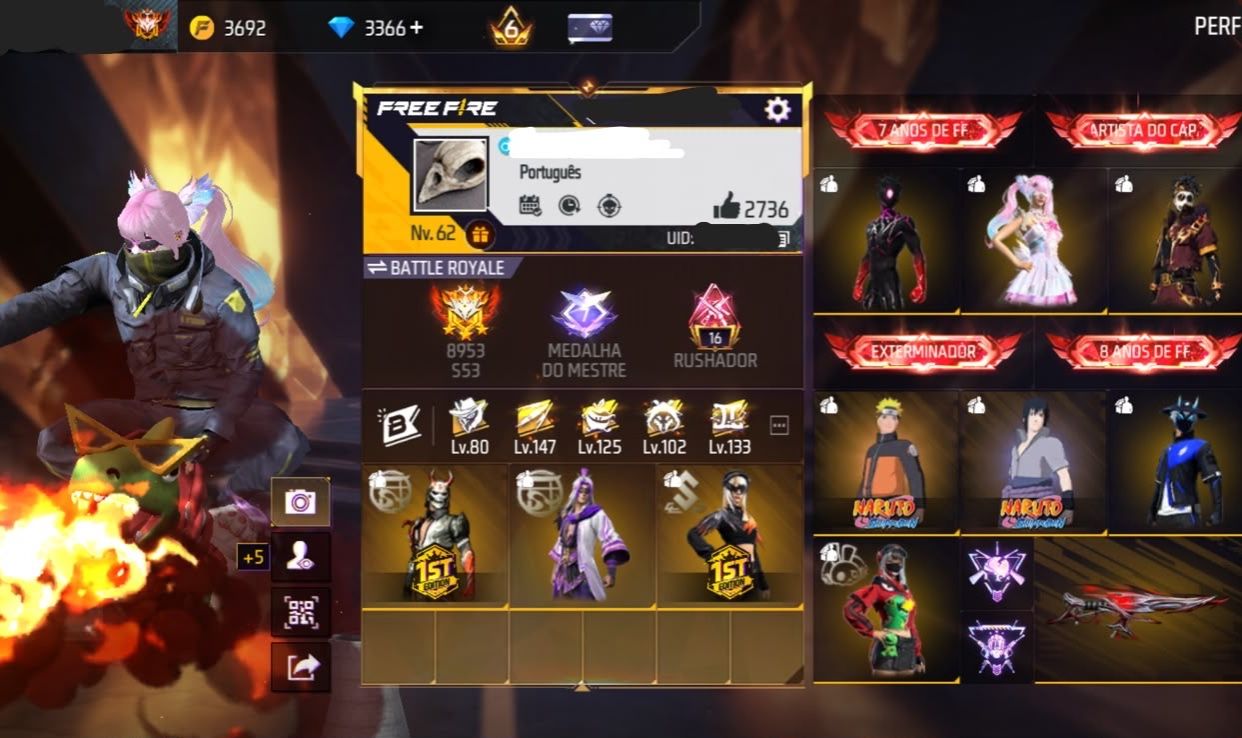 Conta FreeFire 8 Anos | 3366 diamante | Pacote Hashira Sensi | Tds Skins Naruto