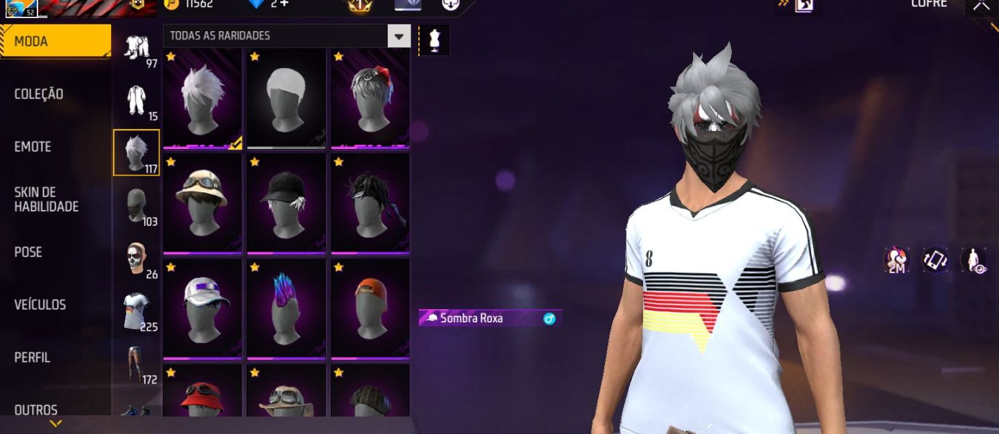Conta de free fire com sombra roxa, aventureiro, coelhao e muita coisa antiga