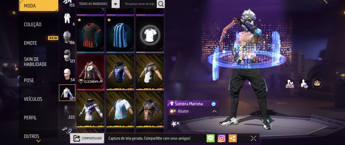 CONTA FREE FIRE COM BARBINHA, SOMBRA ROXA, PEITORAL MANDELA, UMP EVO, 2 ENTRADAS