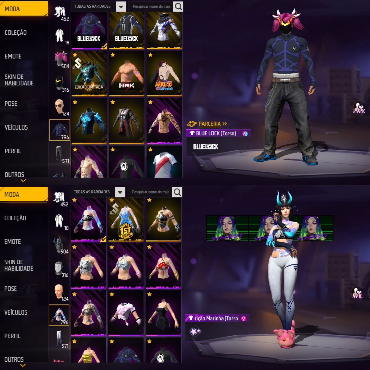 CONTA FREE FIRE FEMININA E MASCULINA, FOCO NO FEMININO