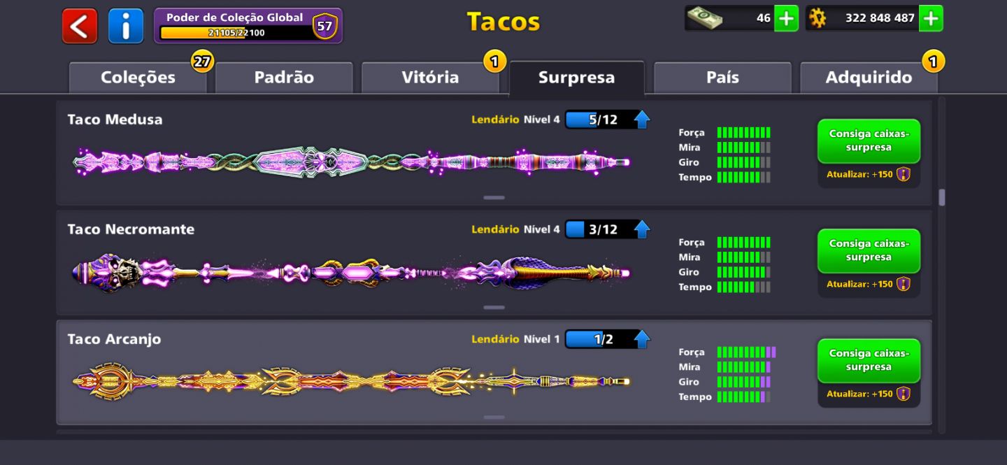 Conta 8 Ball Pool Nível 170 | Todos os Tacos Lendários + 3 Tacos Full de Evento