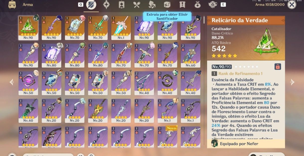 Conta de Genshin ar 57 com 16 personagens t5 e diversas armas t5