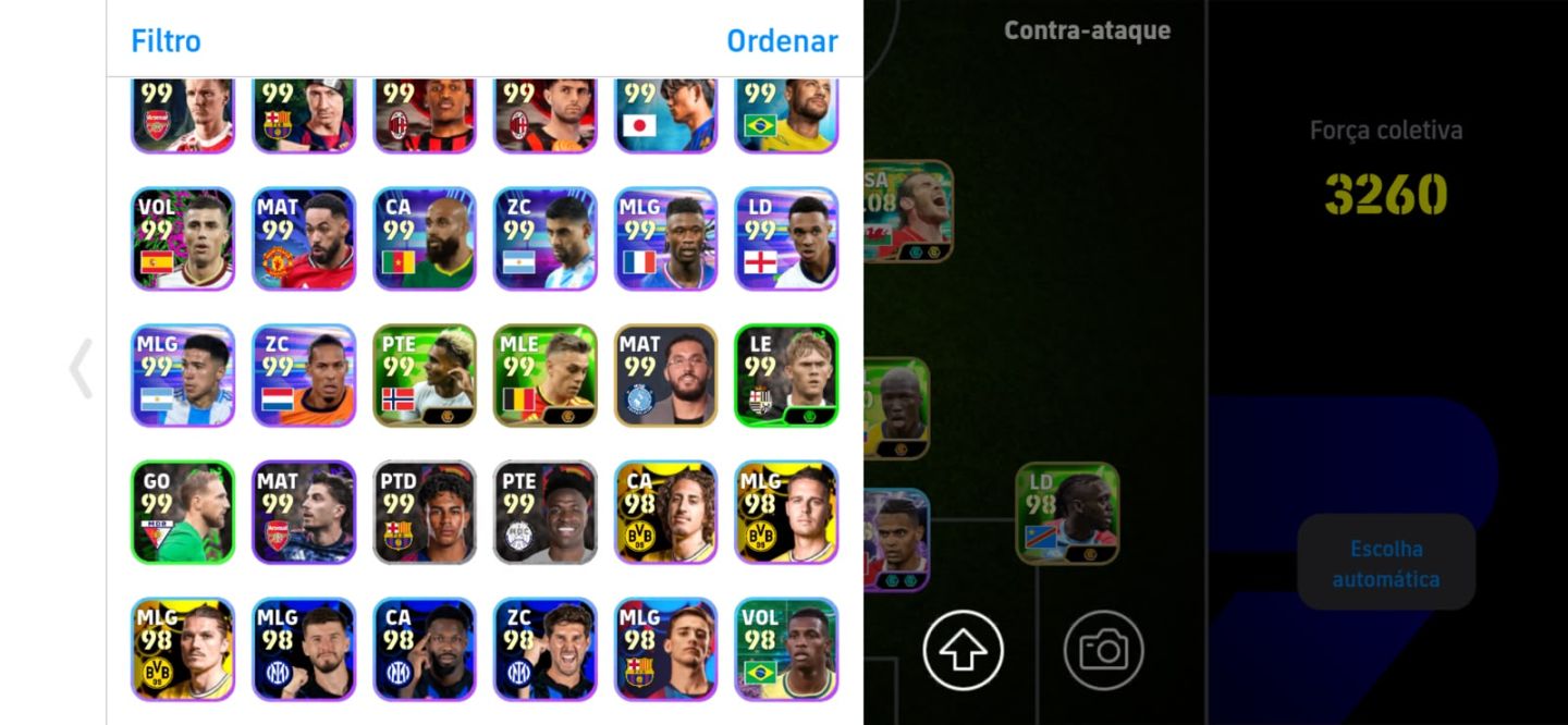 Conta de eFootball, 3260 de força. Del Pieiro 108 blitz, Pelé 109, Bale 108