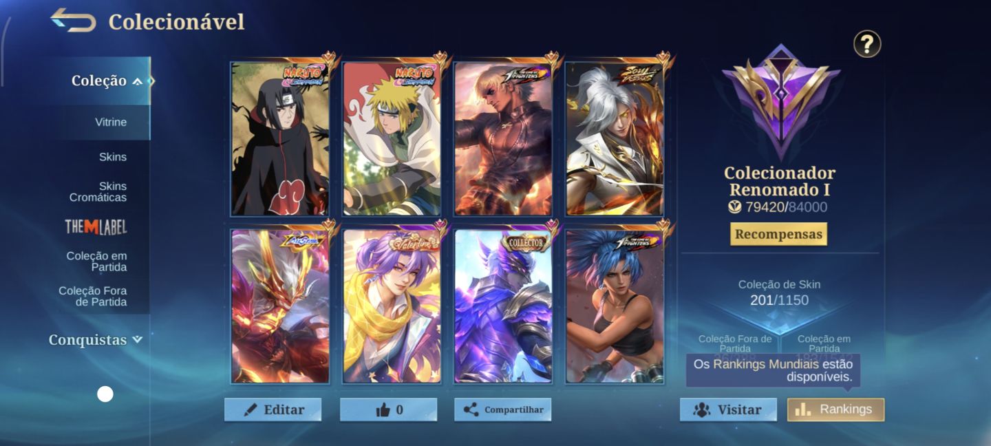 CONTA DE MLBB COM MUITAS SKINS LENDÁRIAS, MINATO, ITACHI, K' ELO +ALTO 100 STAR