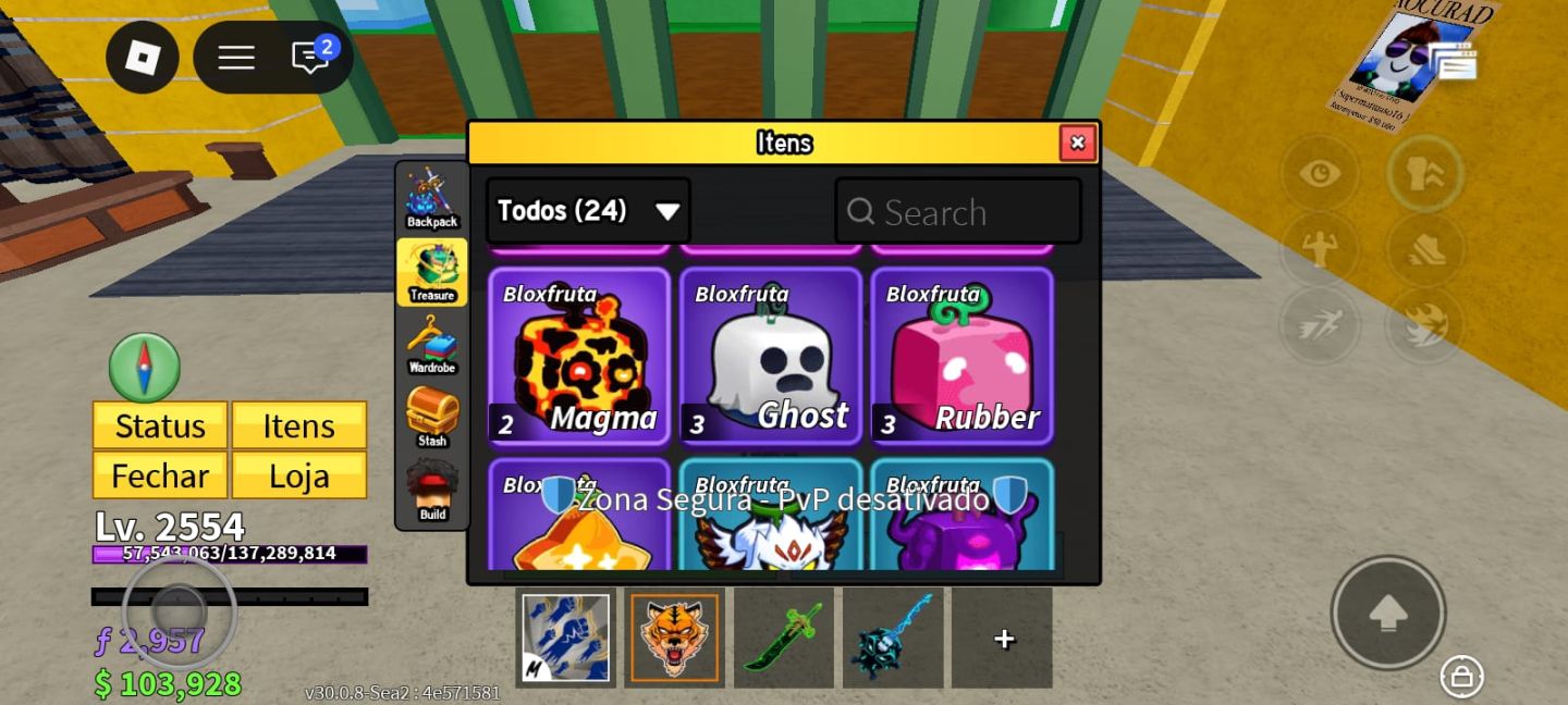 Blox Fruits LV 2554 + Fruta TigerMítica + 2 Kitsune + Venom + Dark Dager yoru v2