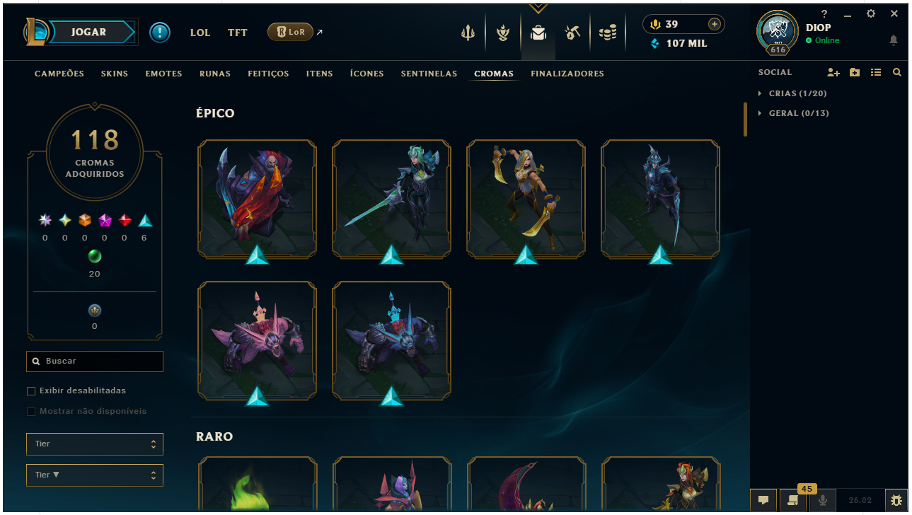 Conta League of Legends LVL 616 - Platina 247 Skins