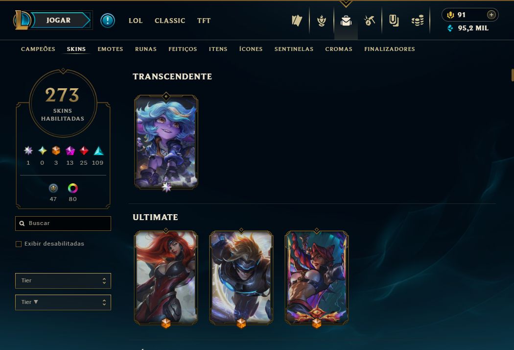 Conta com +5k gastos, 273 skins, todos campeoes. (Skins de tfte valorant tbm)