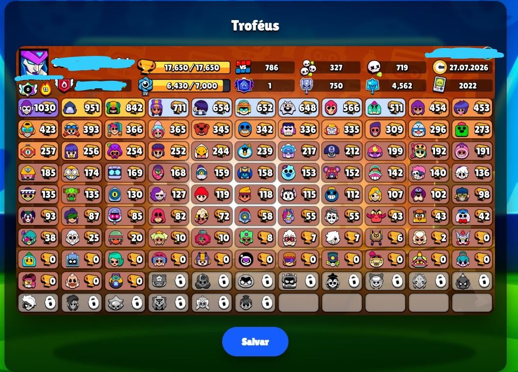 CONTA DE BRAWL STARS COM 17K DE TROFÉUS, 185 SKINS E 91 BRAWLERS(+27K BLINGS)